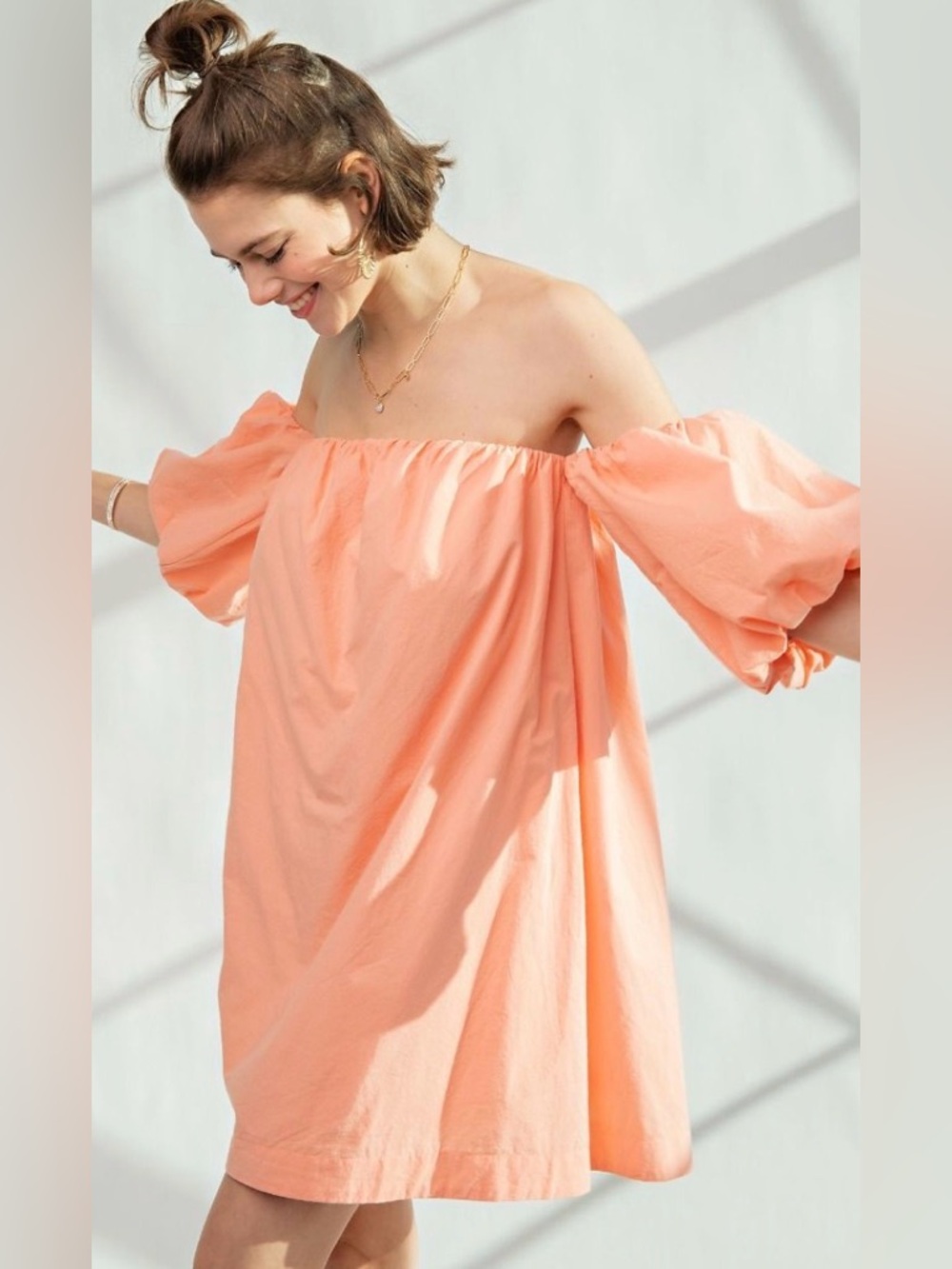 NEW! EASEL WASHED CHALLIE OFF SHOULDER DRESS in Peach 🍑 Sorbet